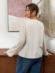 Lounesse Plus Size Women's Striped Design Fashion Round Neck Long Sleeve Blouse, Plus Size Design Fashion Commute Shirt, Apricot/White Striped Fabric Blouse - Apricot - View 7