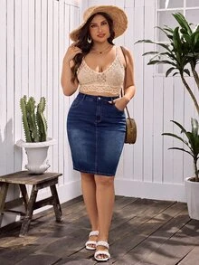 EMERY ROSE Rok Mini Denim Kasual Serbaguna untuk Wanita Ukuran Plus dengan Kantong - Biru - View 5