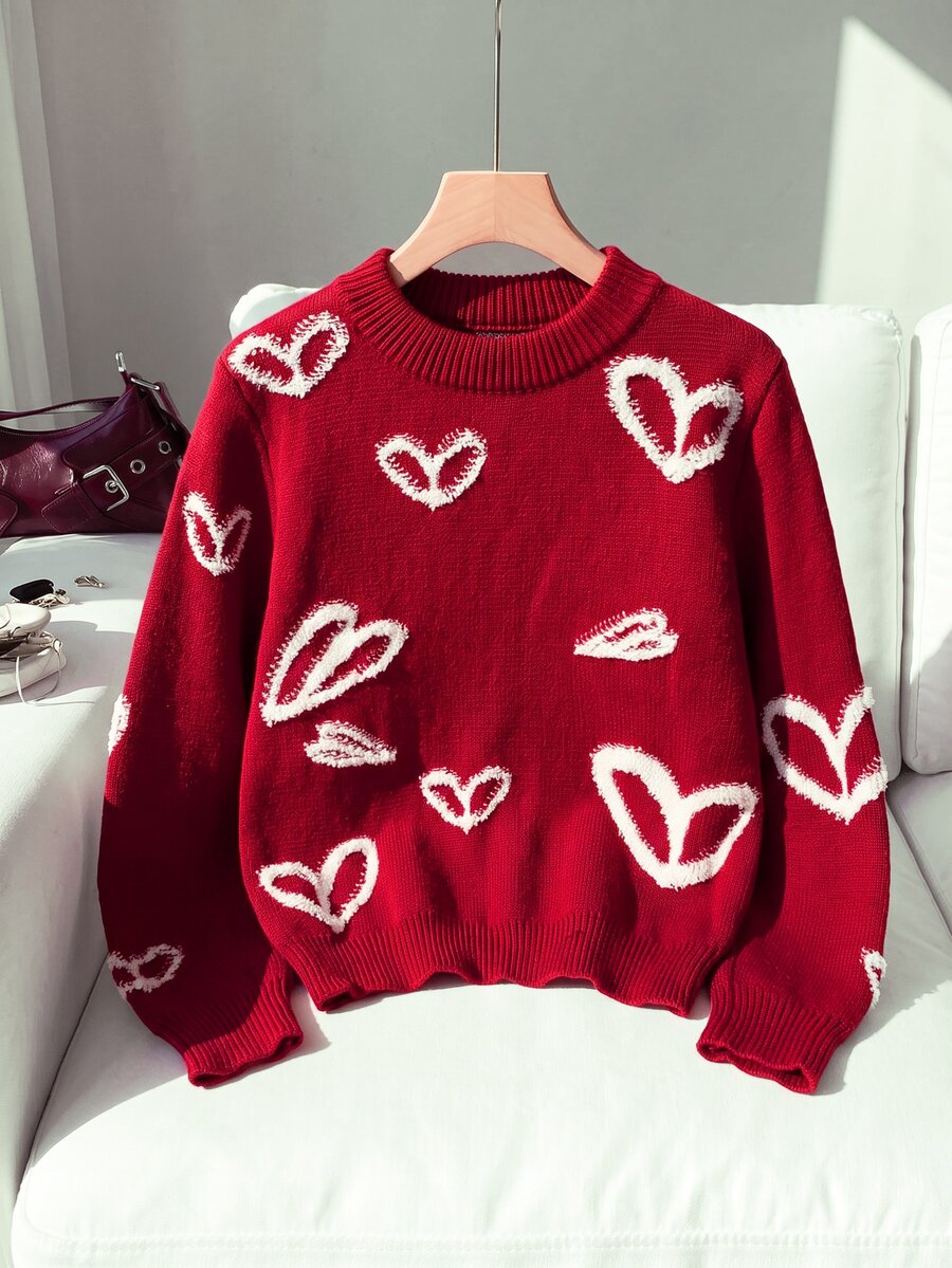 SHEIN Tween Girls' Autumn New Clothing, Round Neck Loose Cute 3D Heart Pattern Sweater - Red - View 1