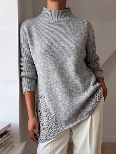 Sprig & Strand Suéter de punto para mujer, nuevo lanzamiento de otoño, pieza única, cuello medio alto, holgado, largo, elegante, con bajo asimétrico, diseño perforado, versátil para uso diario, manga larga