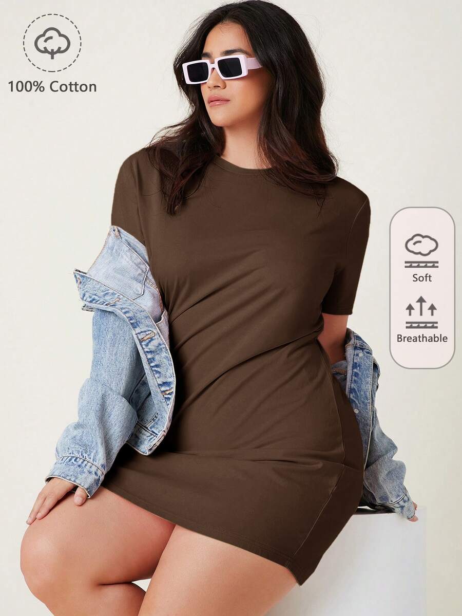 SHEIN BASICS Plus 女款短袖純色T恤洋裝 夏季優雅連身裙 - 咖啡棕 - 查看 1