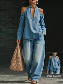 Balvessa Women's Off-Shoulder Long Sleeve Fashion Halter Neck Denim Top - Blue - View 1