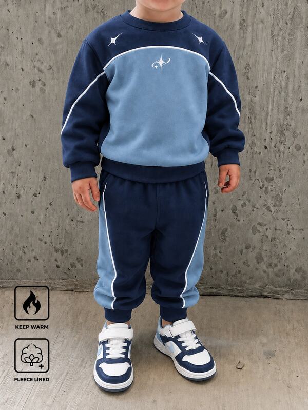 Boys' (Small) Sweatshirt Set, Crew Neck Sweatshirt Paired With Jogger Pants. Deep And Light Blue Color Block Design, White Line Outlines, Star Print Accents On The Body; Ribbed Collar, Cuffs And Hem On The Sweatshirt, Elastic Waist + Ribbed Cuffs On The Pants