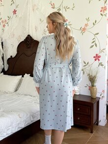 CottageSlumber Plus Size Women's Blue Plaid Cherry Print Open Front Lace Trim Lantern Sleeve Comfortable Draped Woven Bubble Crinkle Pastoral Romantic Waist Tie Long Sleeve Robe Bathrobe - Blue - View 2