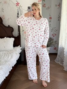 CottageSlumber Super Soft Ribbed Plus Size Women's Pajama Set Casual Ditsy Floral Loungewear - White - View 5