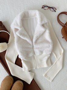 Comfortcana Women's Autumn/Winter Casual Patchwork Faux Fur Jacket - White - View 5