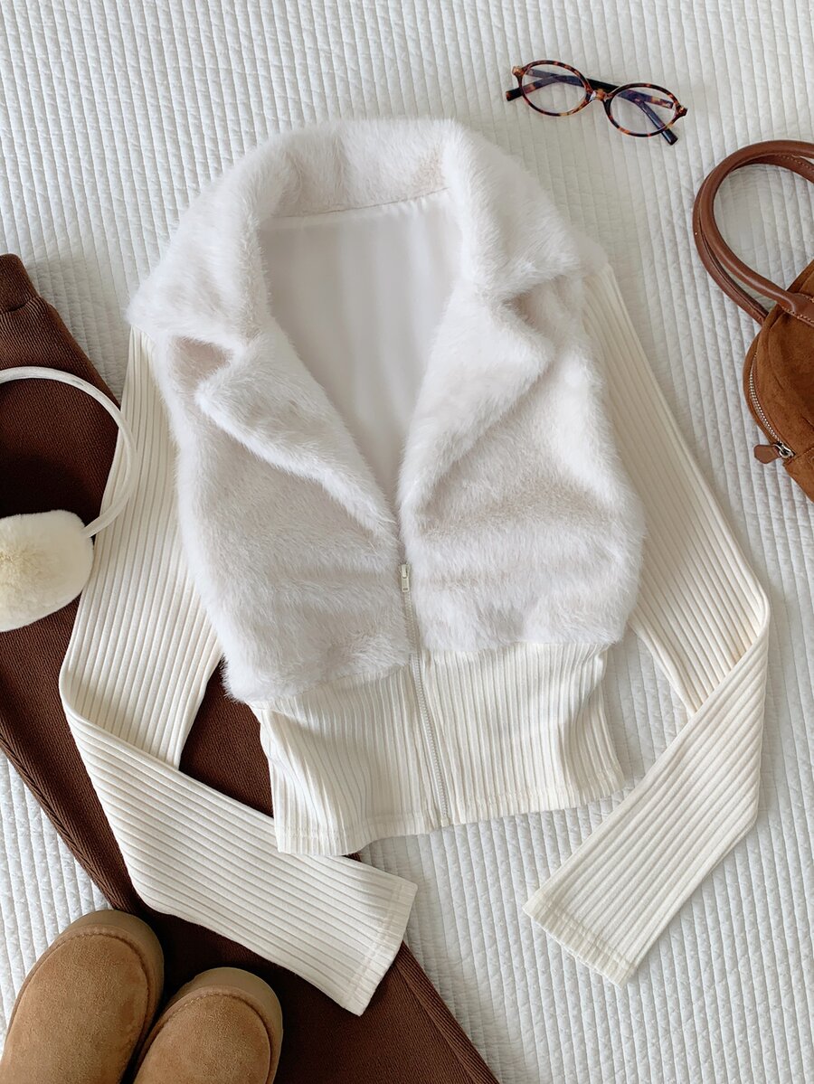 Comfortcana Women's Autumn/Winter Casual Patchwork Faux Fur Jacket - White - View 1