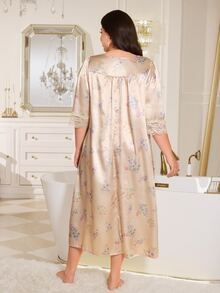 MuseNap CURVE Collar Button Lace Trim Patchwork Elegant Floral Print Faux Silk Plus Size Nightgown - Multicolor - View 2