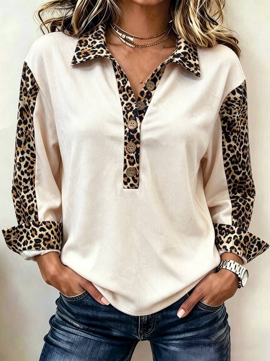 SHEIN LUNE Women's American Vintage Casual Leopard Print Patchwork Collared Long Sleeve Top, Half-Button Loose Contrast Color Casual Polo Shirt - Beige - View 1