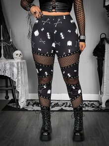 Whyspr BATMAN X SHEIN Plus Size Printed Patchwork Fishnet Leggings - Black - View 4
