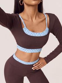 SHEIN BAE Women Brown Cross Back Open Back Long Sleeve T-Shirt Gym Workout Training Running Yoga Athletic Activewear - Coffee Brown - View 4