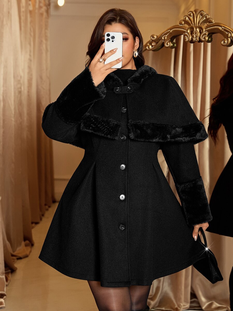 Reflora Plus Size Women Solid Color Patchwork Faux Fur Cape Overcoat Black Autumn Elegante - Black - View 1
