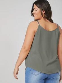 SHEIN BASICS 大尺碼純色細肩帶背心上衣 夏季女款穿搭上衣 - 綠色 - 查看 2