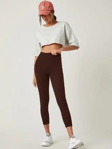 SHEIN BASICS 女款純色透氣七分緊身褲 夏季健身運動休閒穿搭 深棕色 - 棕色 - 查看 7