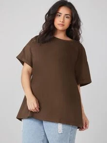 SHEIN BASICS 大尺碼捲袖口純色夏季上衣 - 咖啡棕 - 查看 6