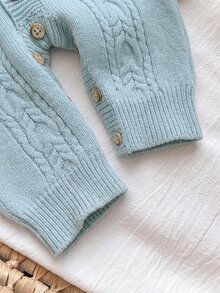 SHEIN 新生兒嬰兒麻花編織長袖單排扣對比領連身衣 - 藍色 - 查看 3