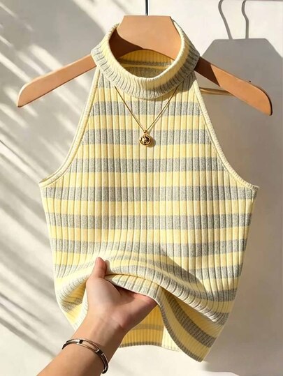 Resyla Women's Street Fashion Striped Colorblock Halter Tank Top