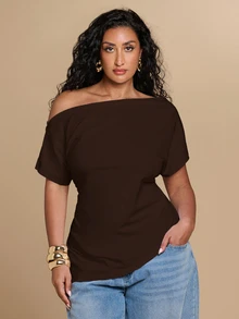 SHEIN BAE CURVE 大尺碼女款純色休閒百搭日常穿著上衣 - 摩卡棕 - 查看 6