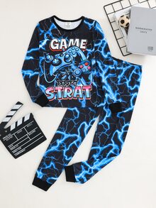 SHEIN 2件組兒童青少年男孩休閒日常舒適遊戲機螢光圖案圓領套頭睡衣上衣與長褲針織居家服緊身套裝 - 黑色 - 查看 3