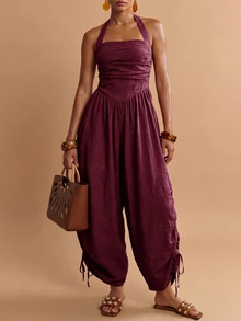 Zivah Women's Solid Color Pleated Side Drawstring Design Halter Neck Jumpsuit - Burgundy - View 3