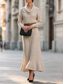 SHEIN Franclia Gaun Rajut Elegan Lengan Panjang Leher Tinggi untuk Wanita - Aprikot - View 4