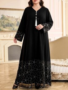 Al Najma 大尺碼女款優雅V領水鑽長袖阿拉伯風洋裝 - 黑色 - 查看 5