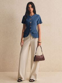 Poéselle Women's Round Neck Metal Single-Breasted Short Sleeve Denim Top - Medium Wash - View 3