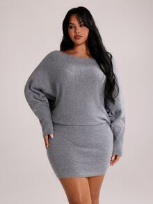 Rustia Plus Size Off Shoulder Batwing Sleeve Knit Mini Dress, Loose Soft Curve-Hugging Melanin Baddie Fall Winter Daily Essential Outfit - Grey - View 4