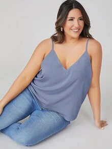 SHEIN BASICS 大尺碼純色細肩帶背心上衣 夏季女款穿搭上衣 - 霧霾藍 - 查看 6