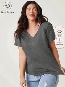 SHEIN BASICS 大尺碼女款純色V領短袖休閒百搭T恤 - 灰色 - 查看 1