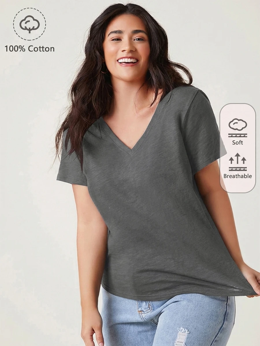 SHEIN BASICS 大尺碼女款純色V領短袖休閒百搭T恤 - 灰色 - 查看 1