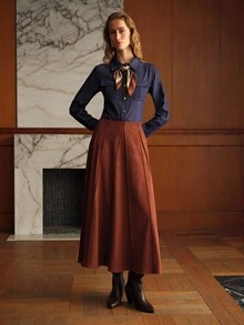 MOTF PREMIUM WOMEN'S SOLID COLOR SUEDE LONG SKIRT WITH BELT - Brown - View 6