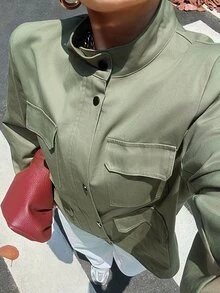 Dazy Plus Solid Color Loose Fit Utility Motorcycle Pocket Street Casual Spring/Autumn New Regular Jacket - Army Green - View 7