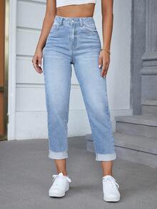 SHEIN PETITE Women's Outdoor Fashion Versatile Wide Leg Cuffed Hem Blue Denim Jeans - Light Wash - View 4