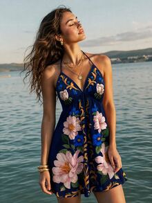 CAJUNI Summer Short V-Neck Floral Print Dress - Blue - View 2
