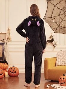 Provexi Provexi Halloween Flannel Black Cat Cartoon One-Piece Pajamas For Women, Hooded Animal Design Loose Fit Loungewear - Black - View 3