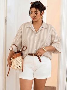 SHEIN Frenchy 大尺碼女款條紋休閒百搭日常穿著襯衫 - 彩色 - 查看 4