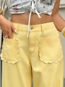 SHEIN CURVE+ Celana Jeans Denim Longgar dengan Kancing Saku Ukuran Plus - Kuning - View 5