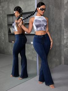 SHEIN CURVE+ Plus Size Women's Stretch Denim Flare Leg Pants - Dark Wash - View 5