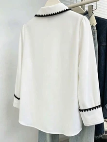 Breezaya Regular Plus Size Women's Shell Button Decor Casual Colorblock Shirt - Multicolor - View 2