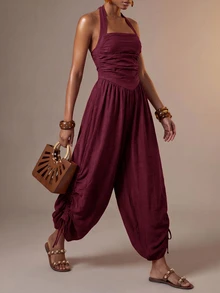 Zivah Women's Solid Color Pleated Side Drawstring Design Halter Neck Jumpsuit - Burgundy - View 5