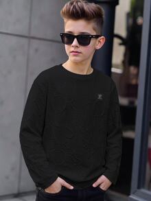 SHEIN 兒童青少年男孩休閒學院風運動黑色紋理提花金屬感面料套頭圓領長袖T恤，適合通勤、上學、日常休閒外出、運動，適合春夏秋冬 - 黑色 - 查看 5
