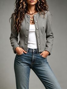 SHEIN Women Grey Herringbone Fabric Cropped Blazer Round Neck Silver Decorative Buttons Autumn Office Smart Casual Outerwear - Grey - View 5