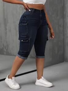 SHEIN CURVE+ Plus Size Cowgirl Outfit Blue Stretch Denim Cargo Pocket Sexy Tight Capris - Dark Wash - View 1