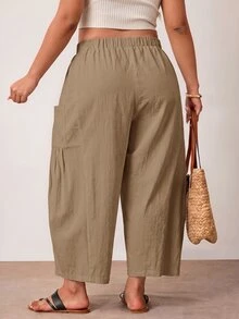 Enliva Plus Size Loose Fit Drawstring Casual Cropped Pants - Khaki - View 3