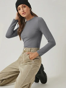 SHEIN BASICS 女款休閒百搭純色修身長袖T恤上衣 白色 - 灰色 - 查看 5