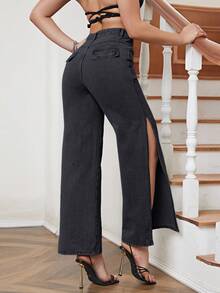 SHEIN PETITE Women's Outdoor Fashion Split Hem All Season Black Petite Jeans - Black - View 2
