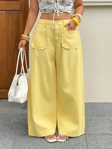 SHEIN CURVE+ Celana Jeans Denim Longgar dengan Kancing Saku Ukuran Plus - Kuning - View 6