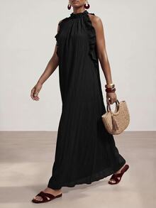 Zivah Women's Solid Color Patchwork Ruffle Halter Neck Dress For Vacation - Black - View 4