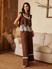 Lullawish Bohemian Style Women's Contrast Color Lace Ruffle Short Sleeve Long Pants Pajama Set - Brown - View 5